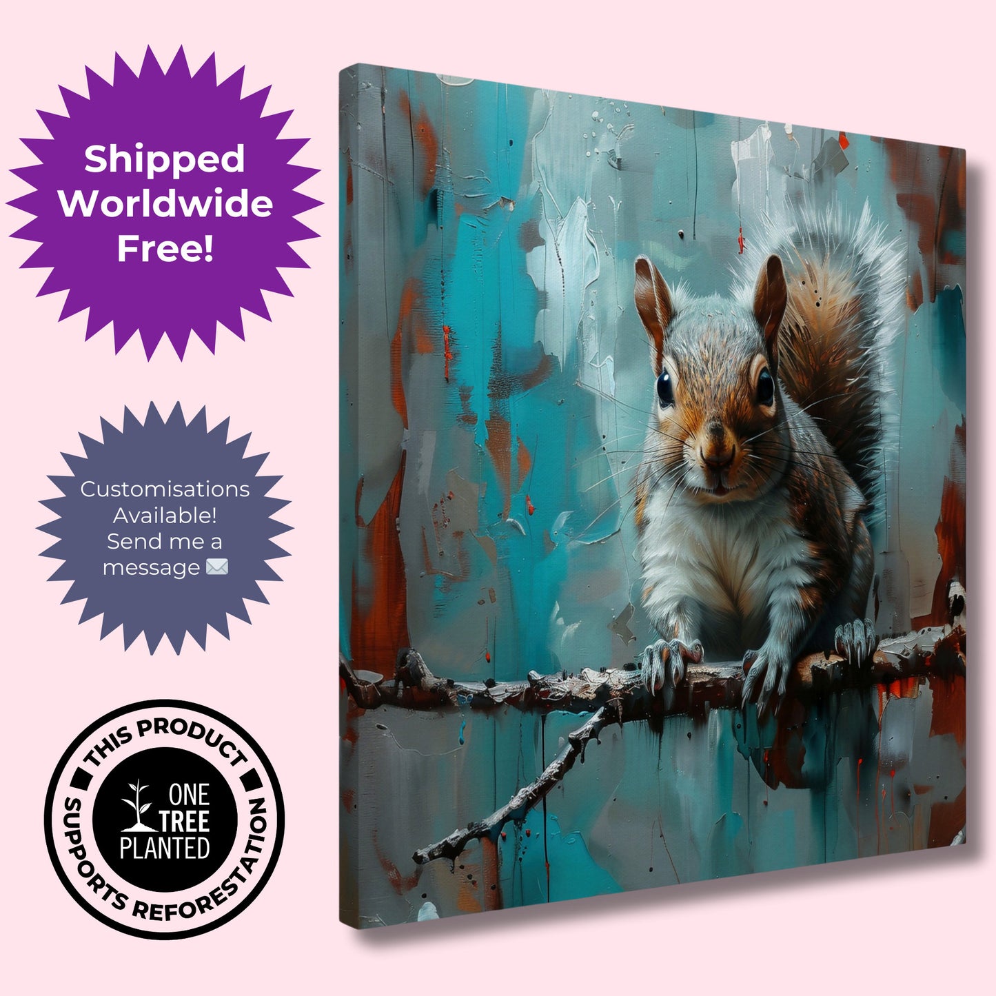 Grey Squirrel Canvas Print. Oil Painting Modern Home Decor, Gray Tree Wall Art Picture, Blue Teal Animal Painting, Nut Lover Gift - CanvasityCrafts - Free Shipping