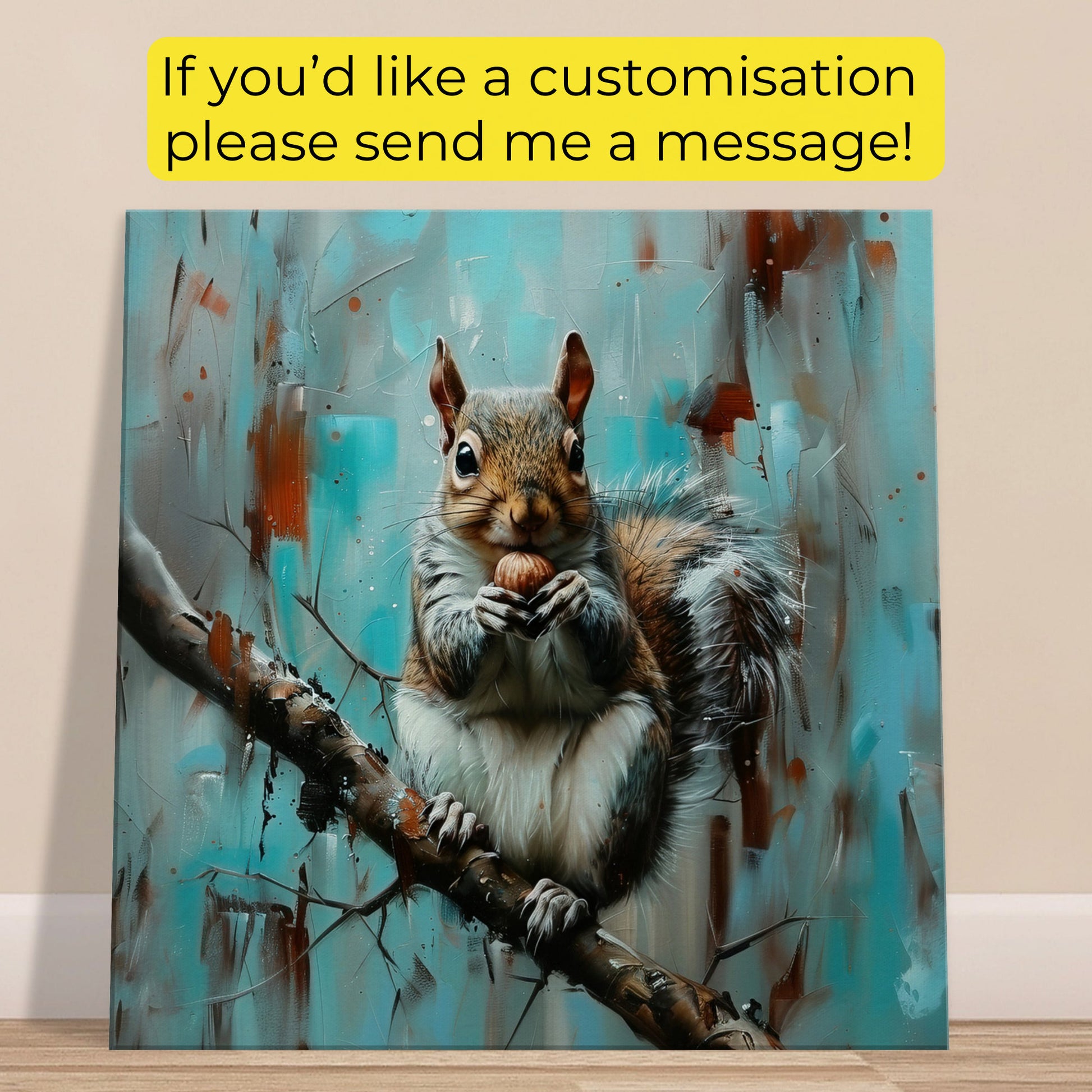 Grey Squirrel Canvas Print. Oil Painting Modern Home Decor, Gray Tree Wall Art Picture, Blue Teal Animal Painting, Nut Lover Gift - CanvasityCrafts - Free Shipping