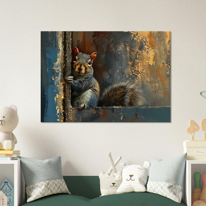 Cute Grey Squirrel Canvas Print. Oil Painting Modern Home Decor, Gray Blue Gold Wall Art Picture, Cute Animal Painting, Nut Lover Gift - CanvasityCrafts - Free Shipping