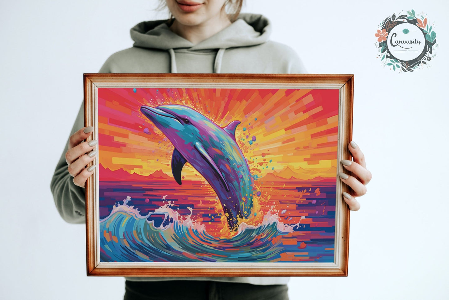 Leaping Dolphin at Sunrise - Ocean Print - Unframed - Matte Paper - Colourful wall art by Canvasity Crafts