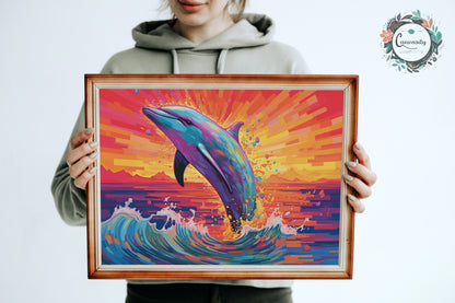 Leaping Dolphin at Sunrise - Ocean Print - Unframed - Matte Paper - Colourful wall art by Canvasity Crafts