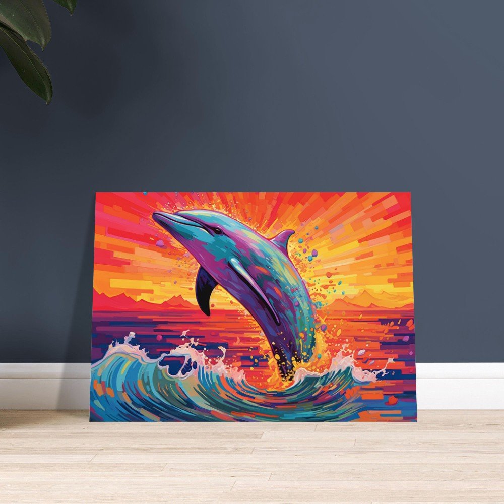 Leaping Dolphin at Sunrise - Ocean Print - Unframed - Matte Paper - Colourful wall art by Canvasity Crafts