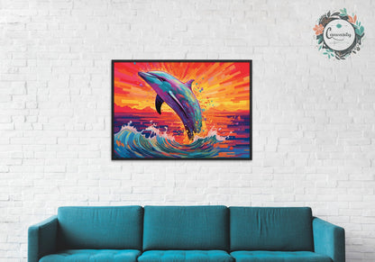 Leaping Dolphin at Sunrise - Ocean Print - Unframed - Matte Paper - Colourful wall art by Canvasity Crafts