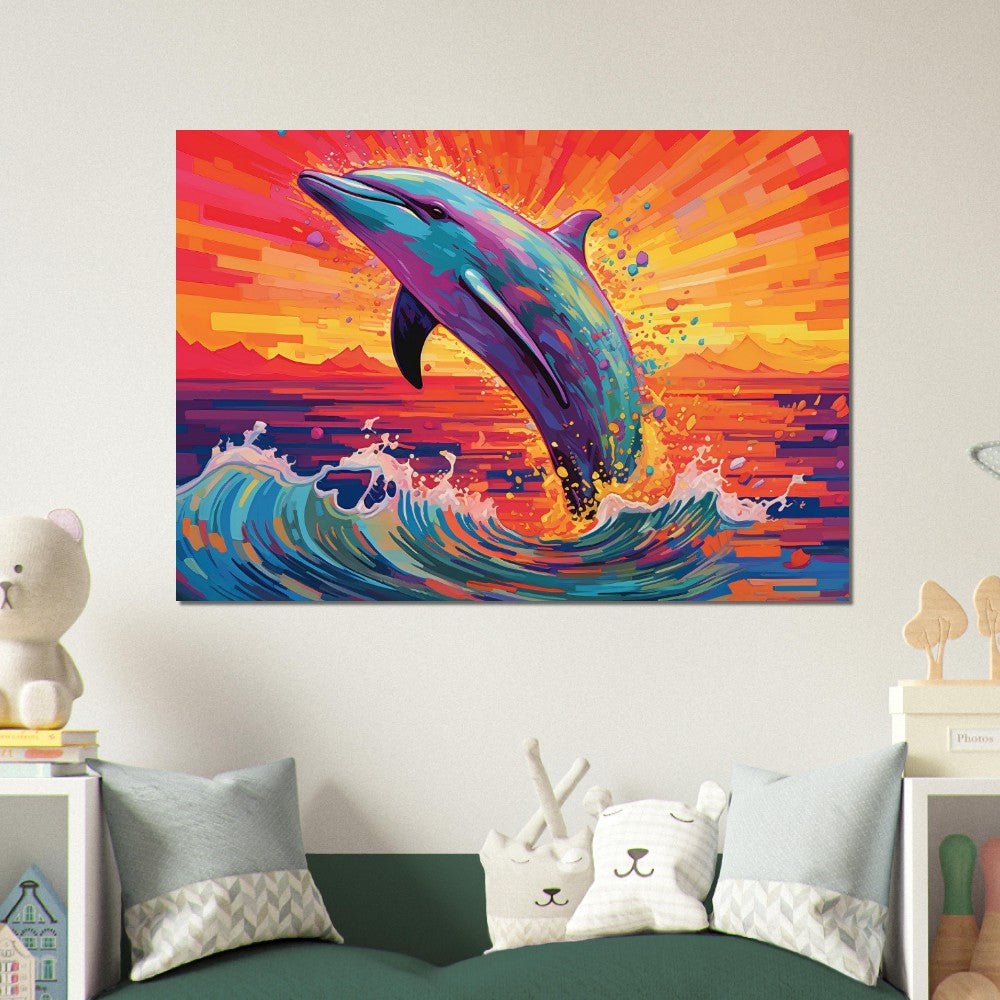 Leaping Dolphin at Sunrise - Ocean Print - Unframed - Matte Paper - Colourful wall art by Canvasity Crafts