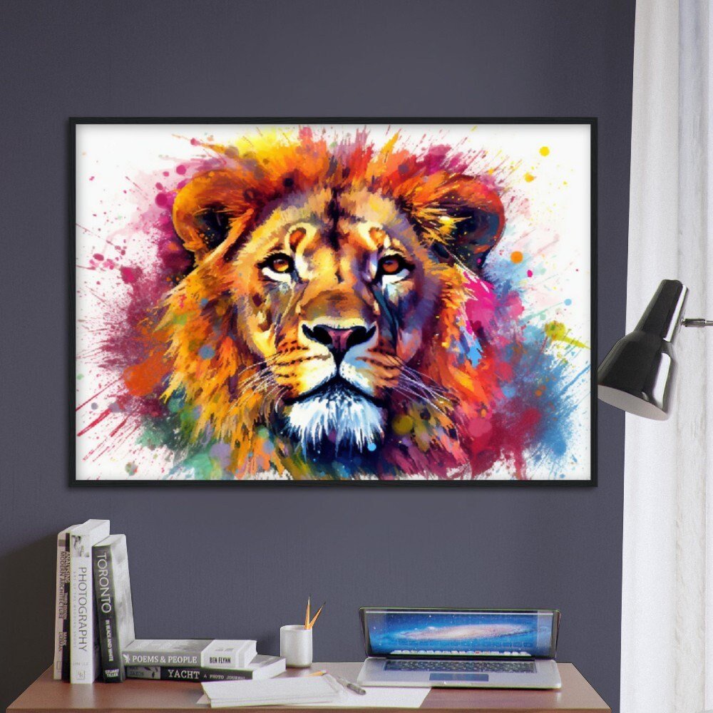 Majestic Lion Wall Art | Watercolour Framed Poster | Wildlife Gift for Lion Lover, Dad, Powerful Protector of the Pride - Framed Wall Art - Colourful wall art by Canvasity Crafts