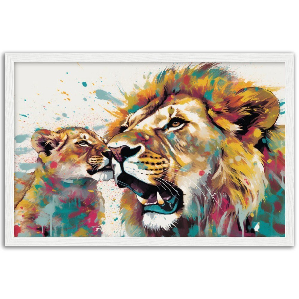 Playful Lion Wall Art | Watercolour Framed Poster | Wildlife Gift for Lion Lover, Dad, Protector of the Pride - Framed Wall Art - Colourful wall art by Canvasity Crafts