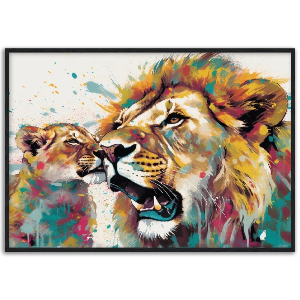 Playful Lion Wall Art | Watercolour Framed Poster | Wildlife Gift for Lion Lover, Dad, Protector of the Pride - Framed Wall Art - Colourful wall art by Canvasity Crafts