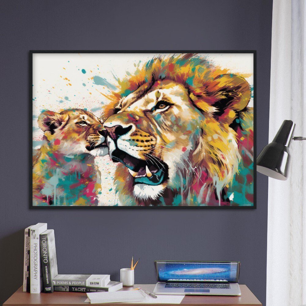 Playful Lion Wall Art | Watercolour Framed Poster | Wildlife Gift for Lion Lover, Dad, Protector of the Pride - Framed Wall Art - Colourful wall art by Canvasity Crafts