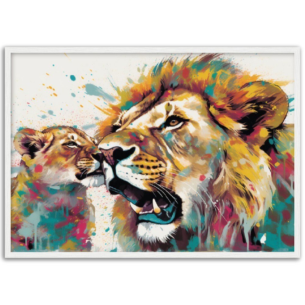 Playful Lion Wall Art | Watercolour Framed Poster | Wildlife Gift for Lion Lover, Dad, Protector of the Pride - Framed Wall Art - Colourful wall art by Canvasity Crafts