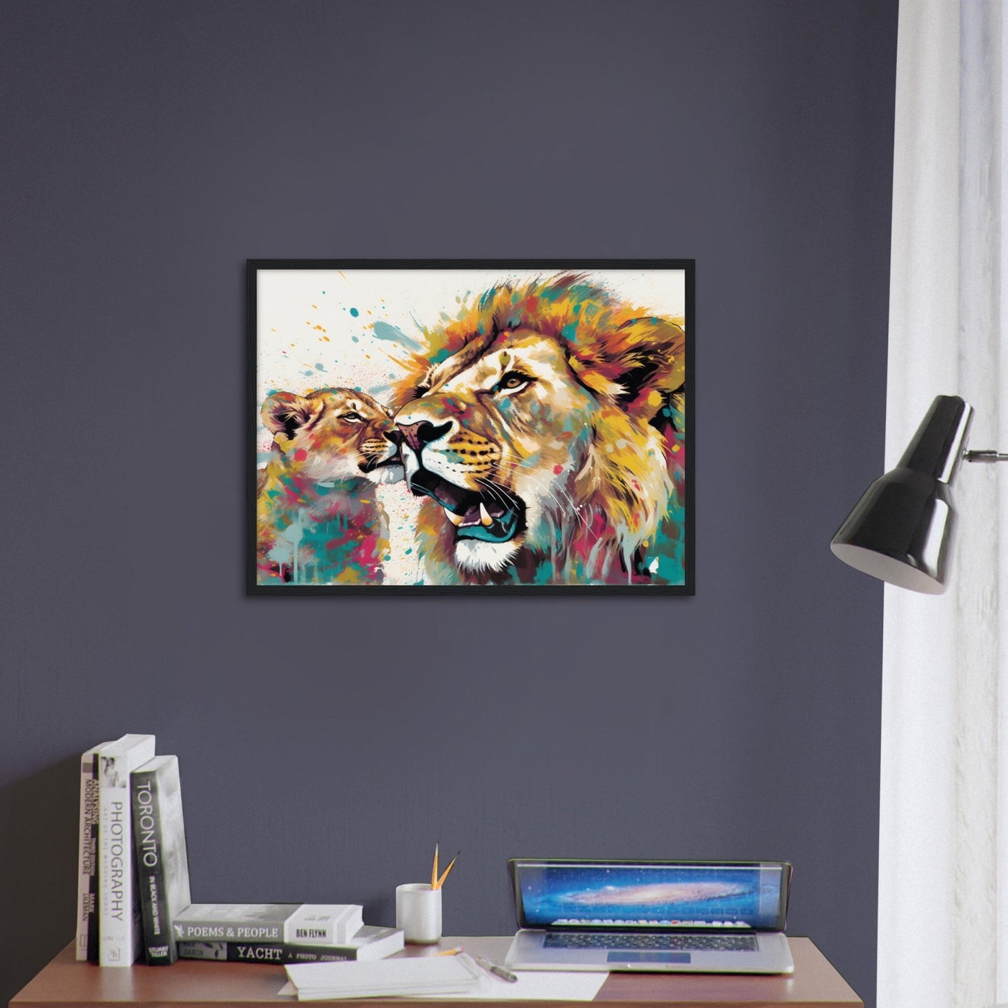 Playful Lion Wall Art | Watercolour Framed Poster | Wildlife Gift for Lion Lover, Dad, Protector of the Pride - Framed Wall Art - Colourful wall art by Canvasity Crafts