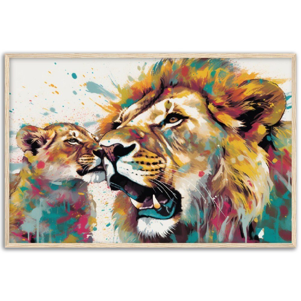 Playful Lion Wall Art | Watercolour Framed Poster | Wildlife Gift for Lion Lover, Dad, Protector of the Pride - Framed Wall Art - Colourful wall art by Canvasity Crafts