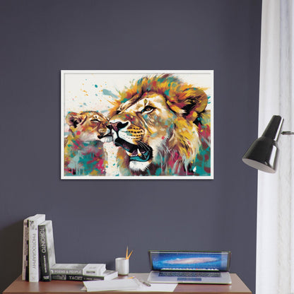 Playful Lion Wall Art | Watercolour Framed Poster | Wildlife Gift for Lion Lover, Dad, Protector of the Pride - Framed Wall Art - Colourful wall art by Canvasity Crafts