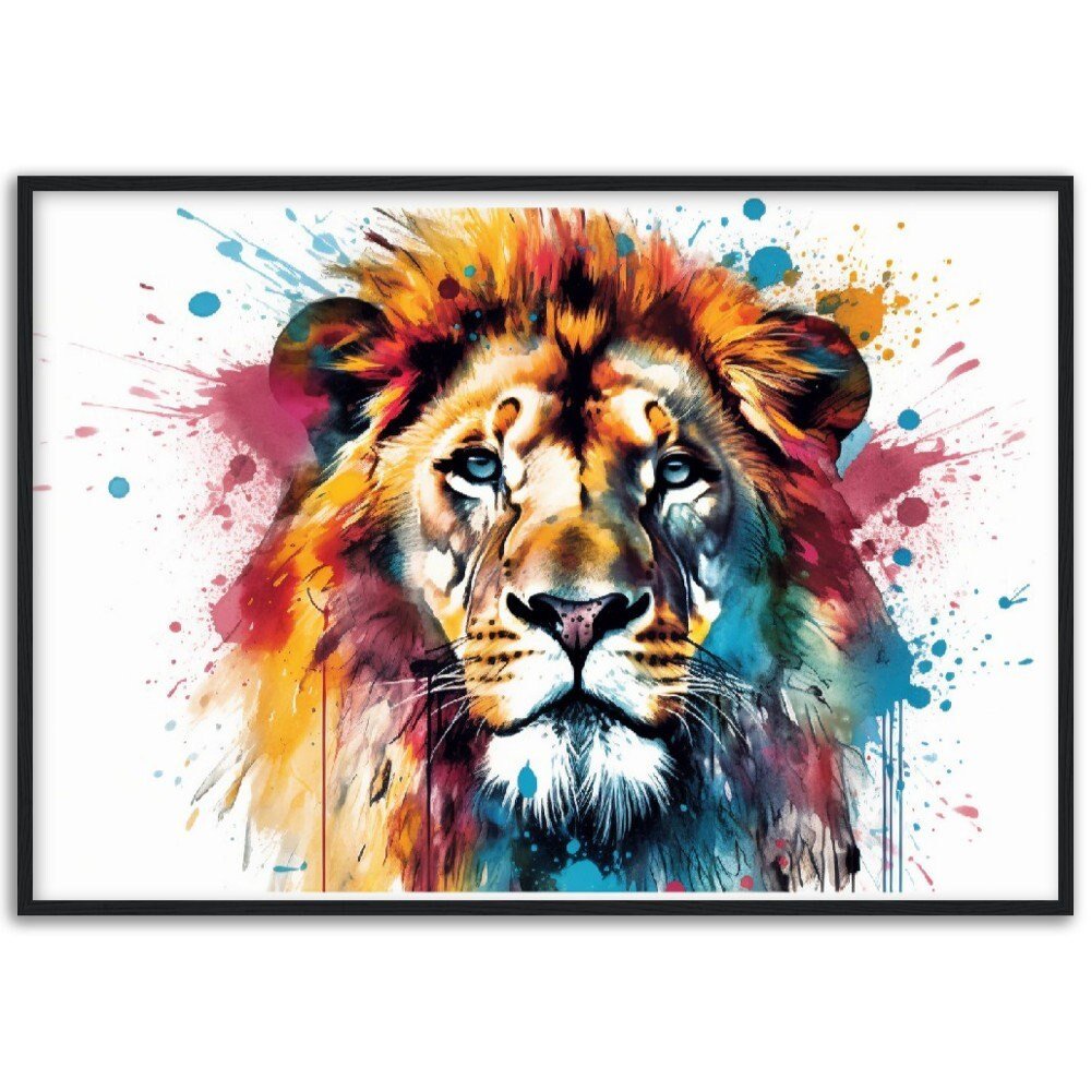 Powerful Lion Wall Art | Watercolour Framed Poster | Wildlife Gift for Lion Lover, Dad, Protector of the Pride - Framed Wall Art - Colourful wall art by Canvasity Crafts