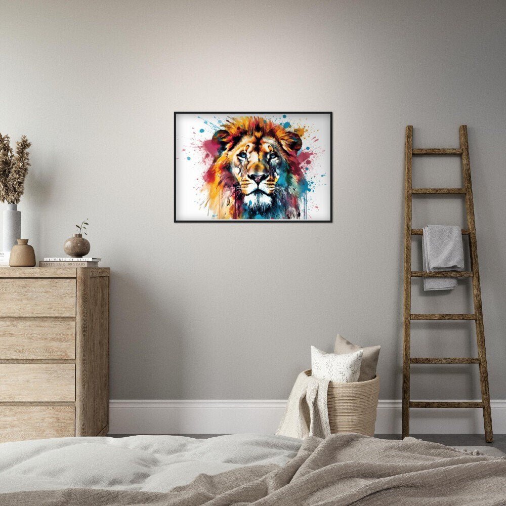 Powerful Lion Wall Art | Watercolour Framed Poster | Wildlife Gift for Lion Lover, Dad, Protector of the Pride - Framed Wall Art - Colourful wall art by Canvasity Crafts