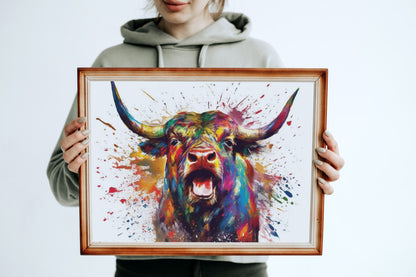 Roaring Bull Print - Unframed - Matte Paper - Colourful wall art by Canvasity Crafts