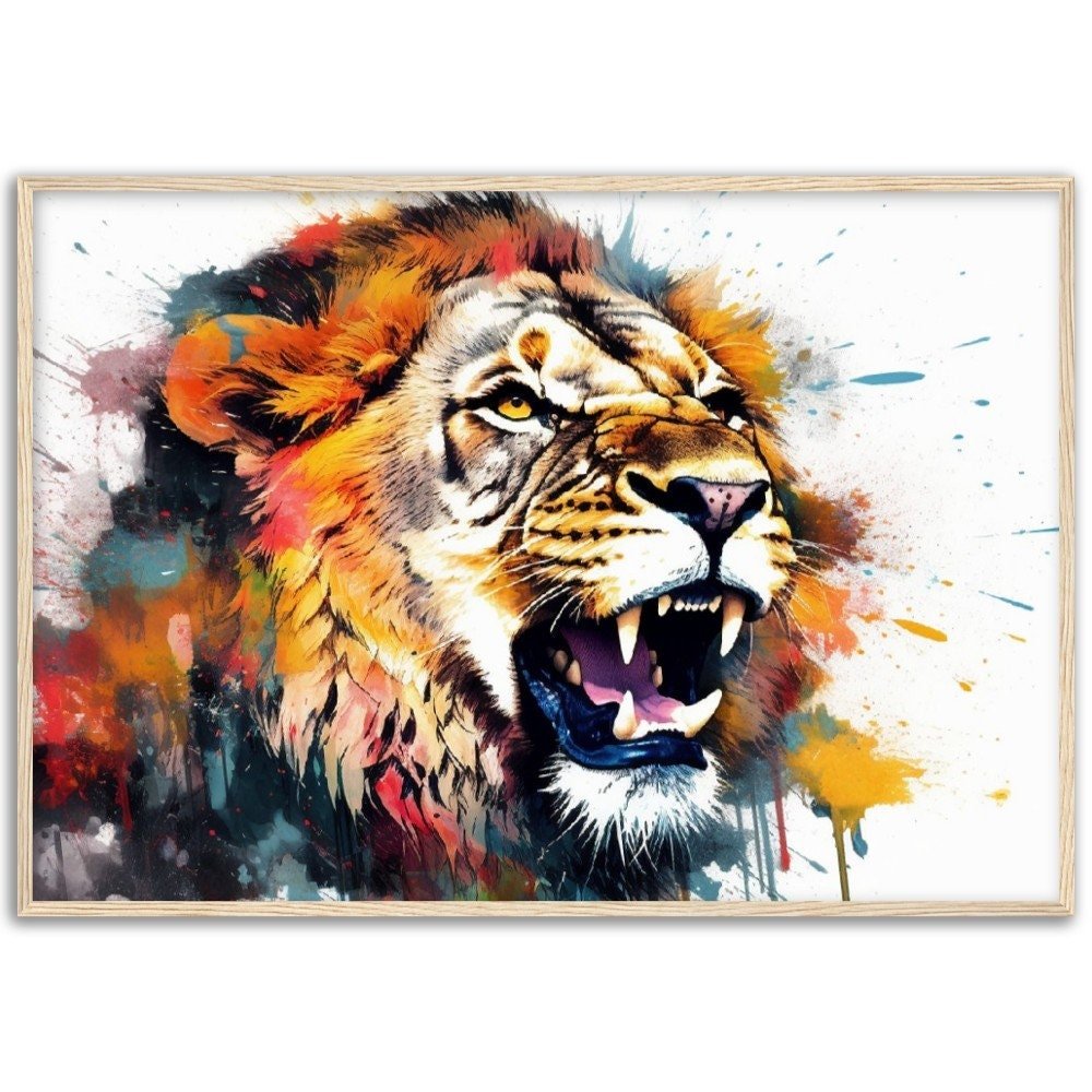 Roaring Lion Wall Art | Watercolour Framed Poster | Wildlife Gift for Lion Lover, Dad, Protector of the Pride - Framed Wall Art - Colourful wall art by Canvasity Crafts