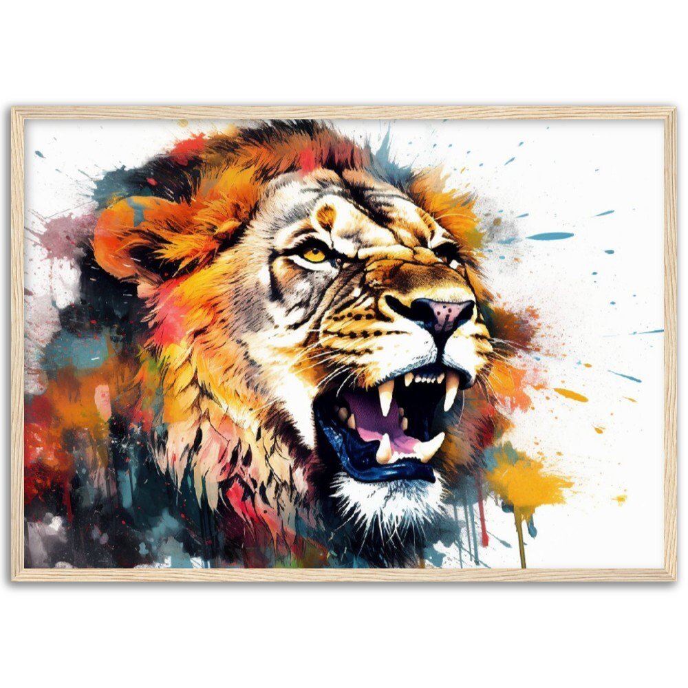 Roaring Lion Wall Art | Watercolour Framed Poster | Wildlife Gift for Lion Lover, Dad, Protector of the Pride - Framed Wall Art - Colourful wall art by Canvasity Crafts