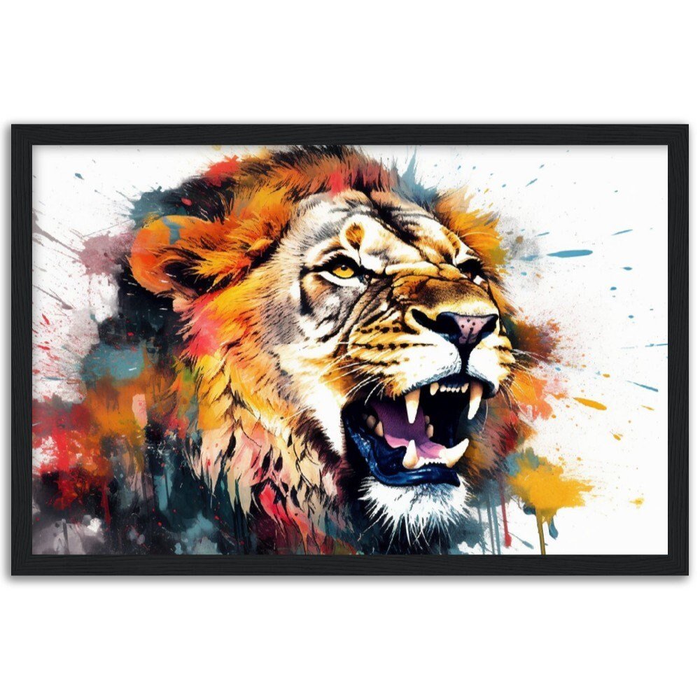 Roaring Lion Wall Art | Watercolour Framed Poster | Wildlife Gift for Lion Lover, Dad, Protector of the Pride - Framed Wall Art - Colourful wall art by Canvasity Crafts