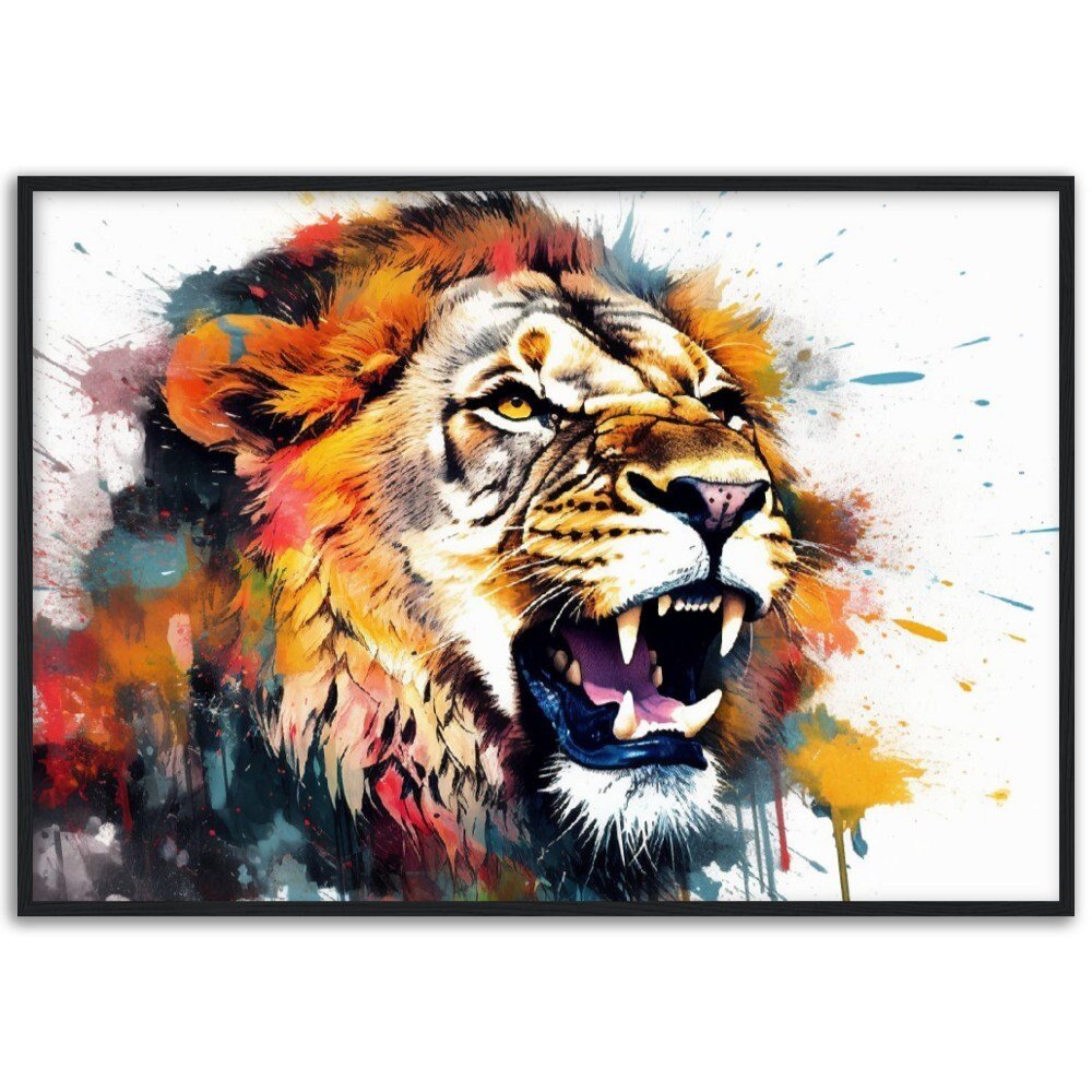 Roaring Lion Wall Art | Watercolour Framed Poster | Wildlife Gift for Lion Lover, Dad, Protector of the Pride - Framed Wall Art - Colourful wall art by Canvasity Crafts