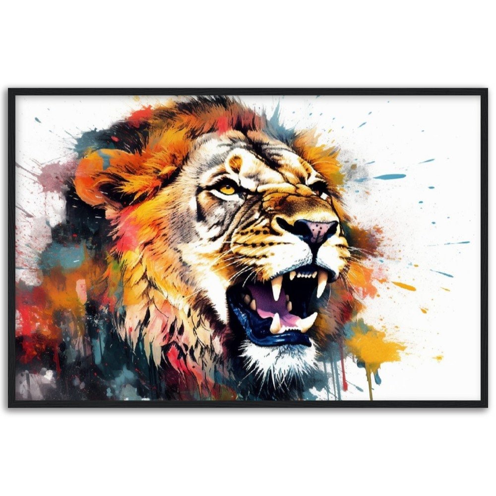 Roaring Lion Wall Art | Watercolour Framed Poster | Wildlife Gift for Lion Lover, Dad, Protector of the Pride - Framed Wall Art - Colourful wall art by Canvasity Crafts