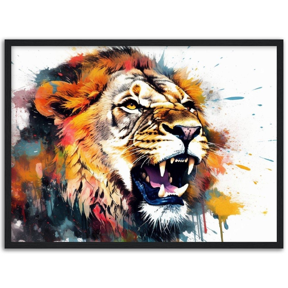 Roaring Lion Wall Art | Watercolour Framed Poster | Wildlife Gift for Lion Lover, Dad, Protector of the Pride - Framed Wall Art - Colourful wall art by Canvasity Crafts