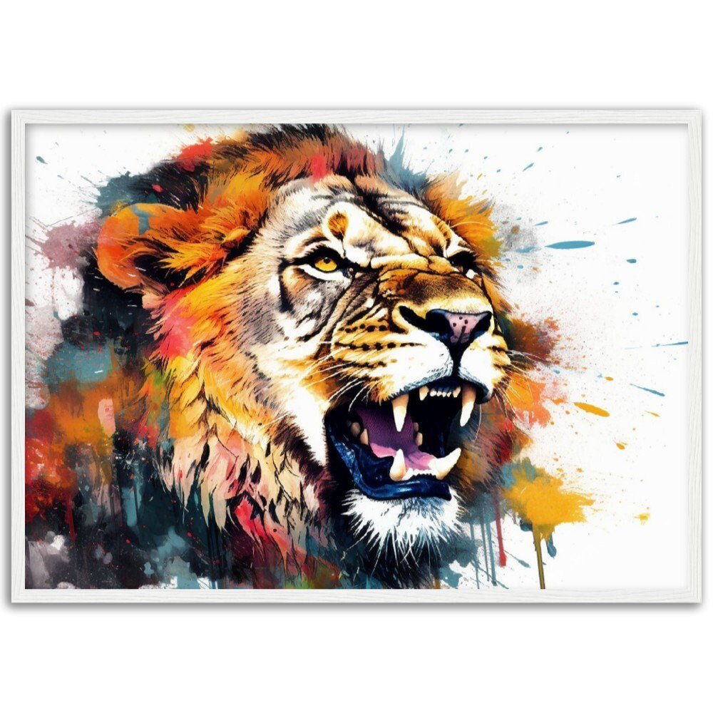 Roaring Lion Wall Art | Watercolour Framed Poster | Wildlife Gift for Lion Lover, Dad, Protector of the Pride - Framed Wall Art - Colourful wall art by Canvasity Crafts