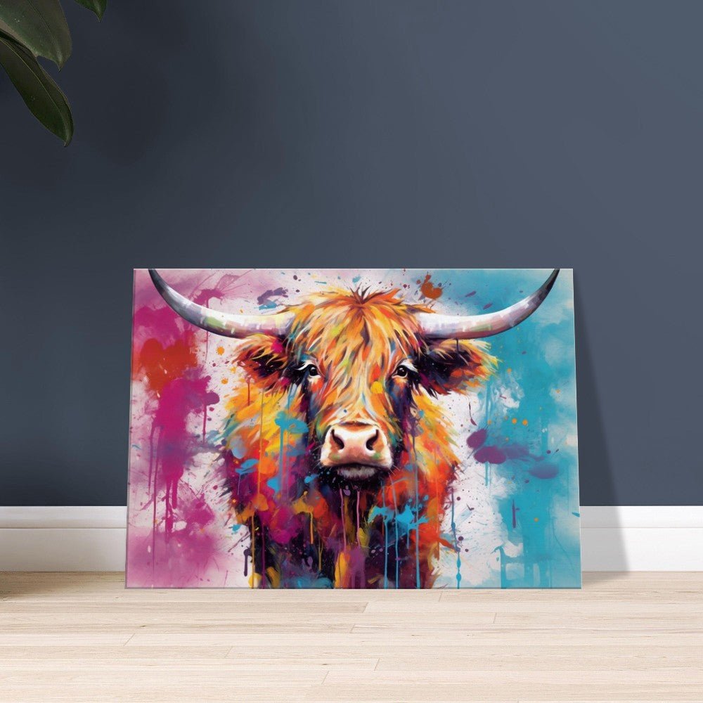 Shaggy Highland Cow in Bursting Blue & Pink - Stretched Canvas - Canvas - Colourful wall art by Canvasity Crafts