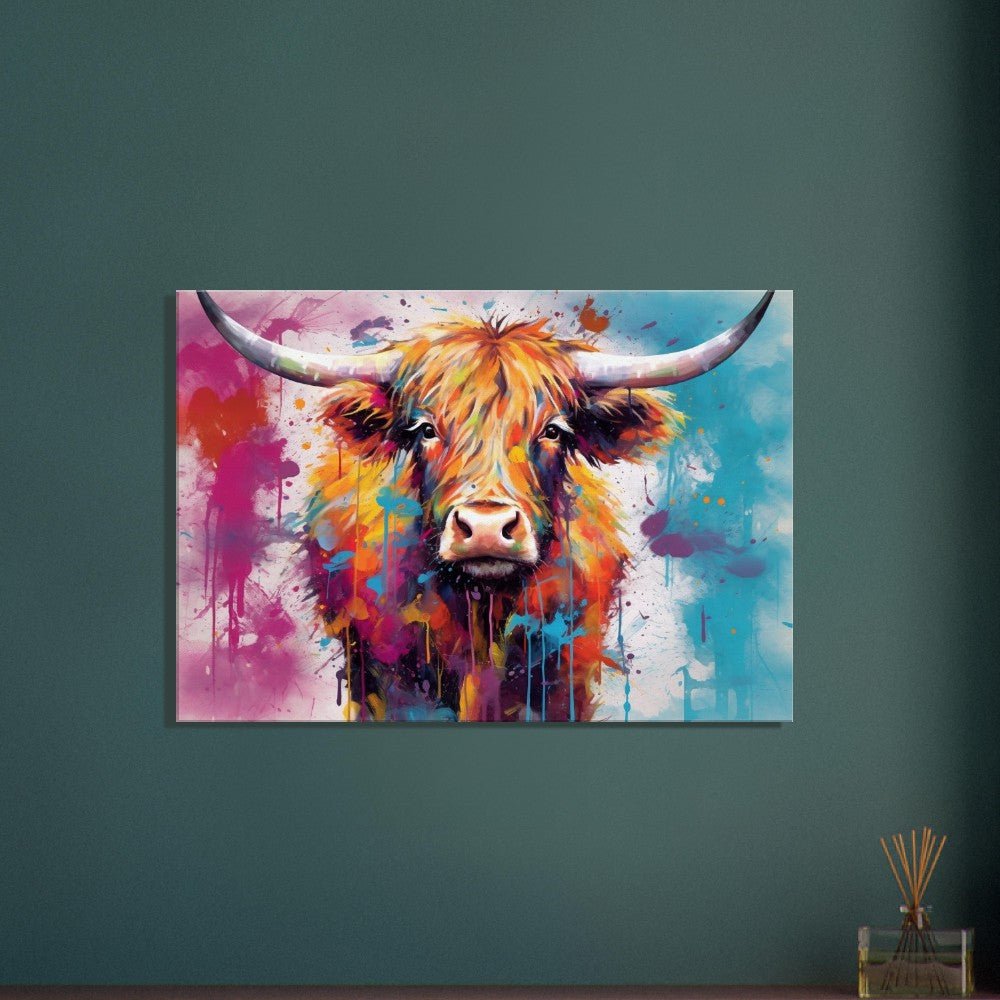 Shaggy Highland Cow in Bursting Blue & Pink - Stretched Canvas - Canvas - Colourful wall art by Canvasity Crafts