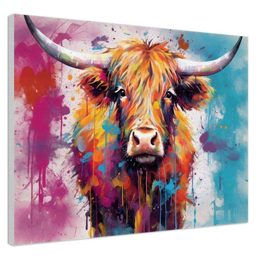 Shaggy Highland Cow in Bursting Blue & Pink - Stretched Canvas - Canvas - Colourful wall art by Canvasity Crafts