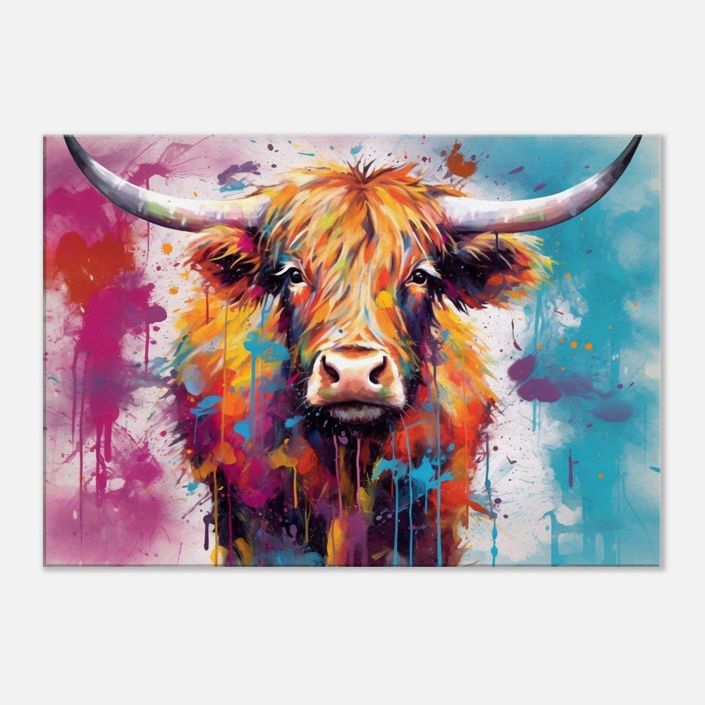 Shaggy Highland Cow in Bursting Blue & Pink - Stretched Canvas - Canvas - Colourful wall art by Canvasity Crafts