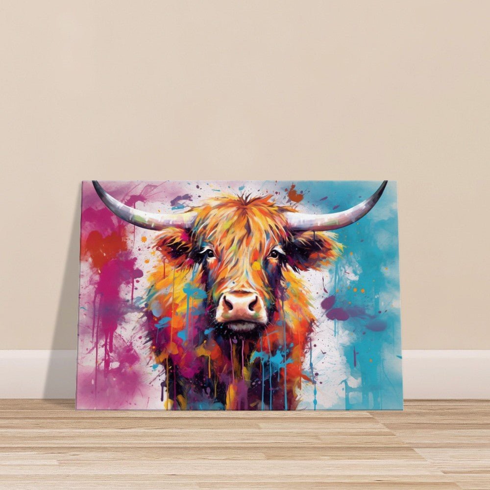 Shaggy Highland Cow in Bursting Blue & Pink - Stretched Canvas - Canvas - Colourful wall art by Canvasity Crafts