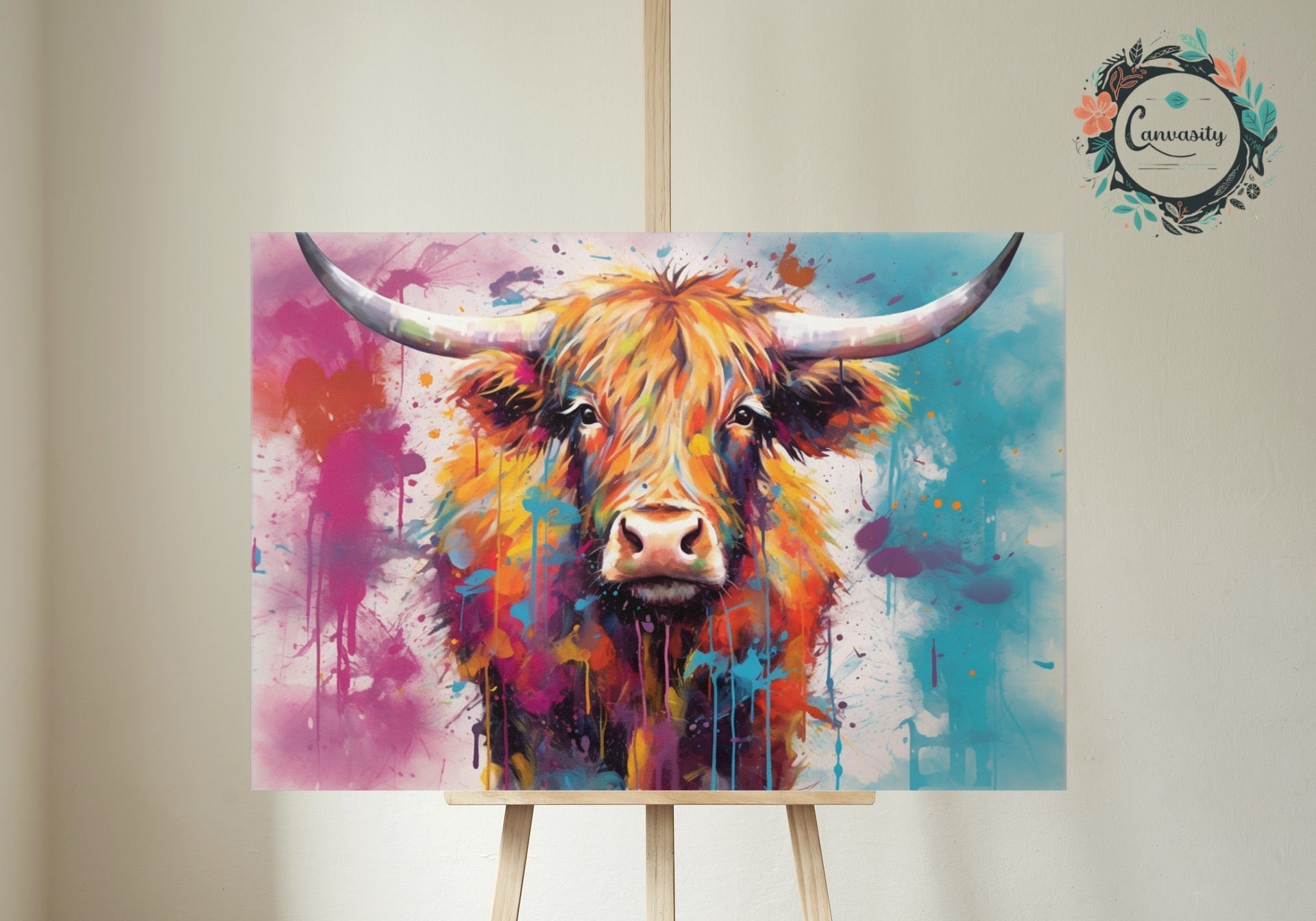 Shaggy Highland Cow in Bursting Blue & Pink - Stretched Canvas - Canvas - Colourful wall art by Canvasity Crafts