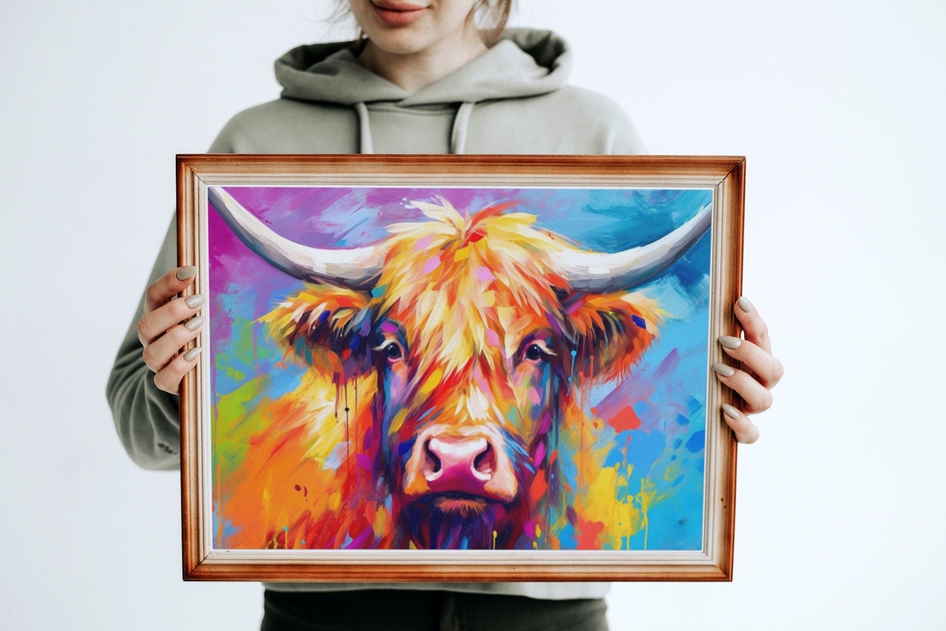 Shaggy Highland Cow Poster. Rainbow Animal Wall Art Floral Print. Gift for cow lover farmer mom. Nursery Print, Bedroom Bathroom Office Art - Posters - Colourful wall art by Canvasity Crafts