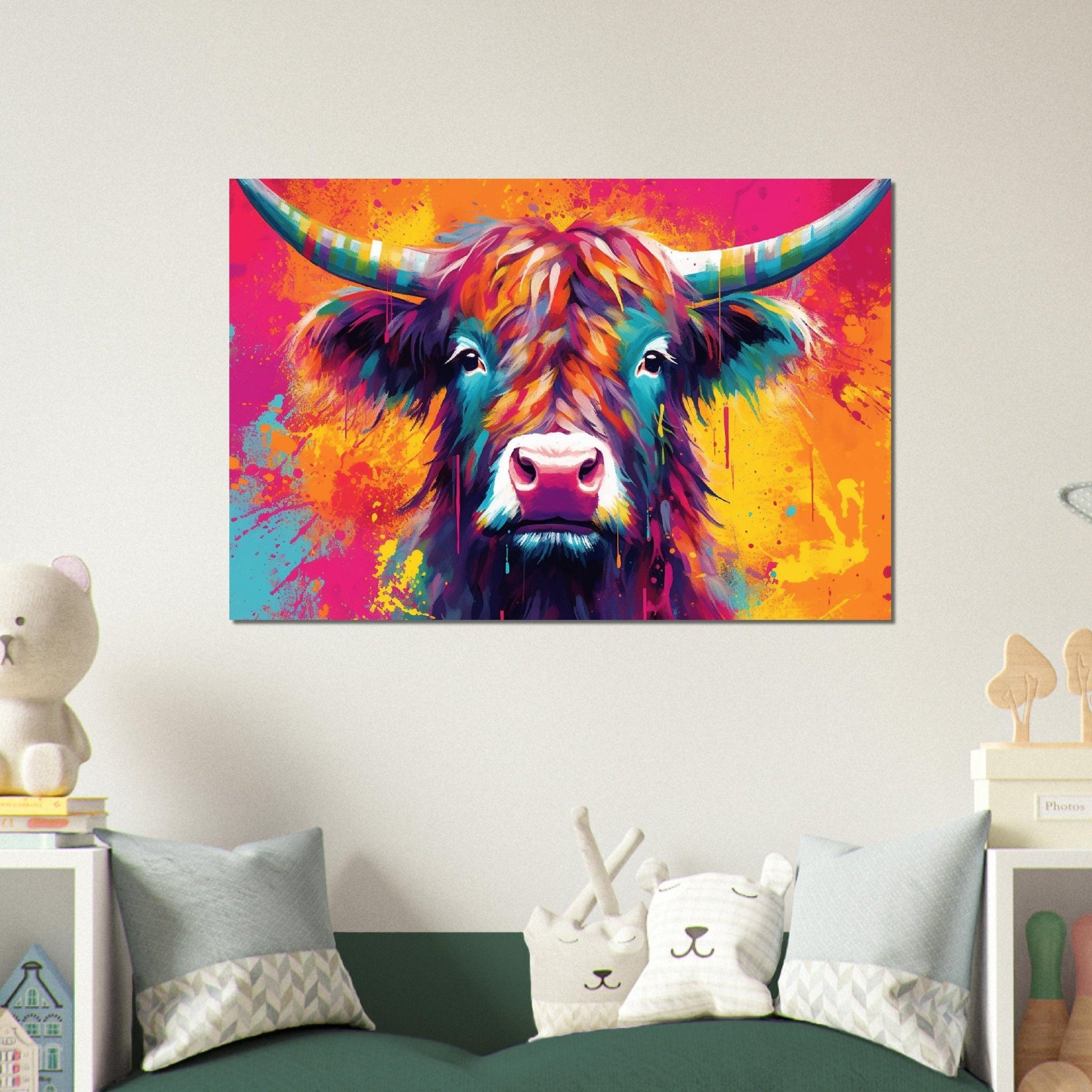 Shaggy Highland Cow Poster. Rainbow Animal Wall Art Floral Print. Gift for cow lover farmer mom. Nursery Print, Bedroom Bathroom Office Art - Posters - Colourful wall art by Canvasity Crafts