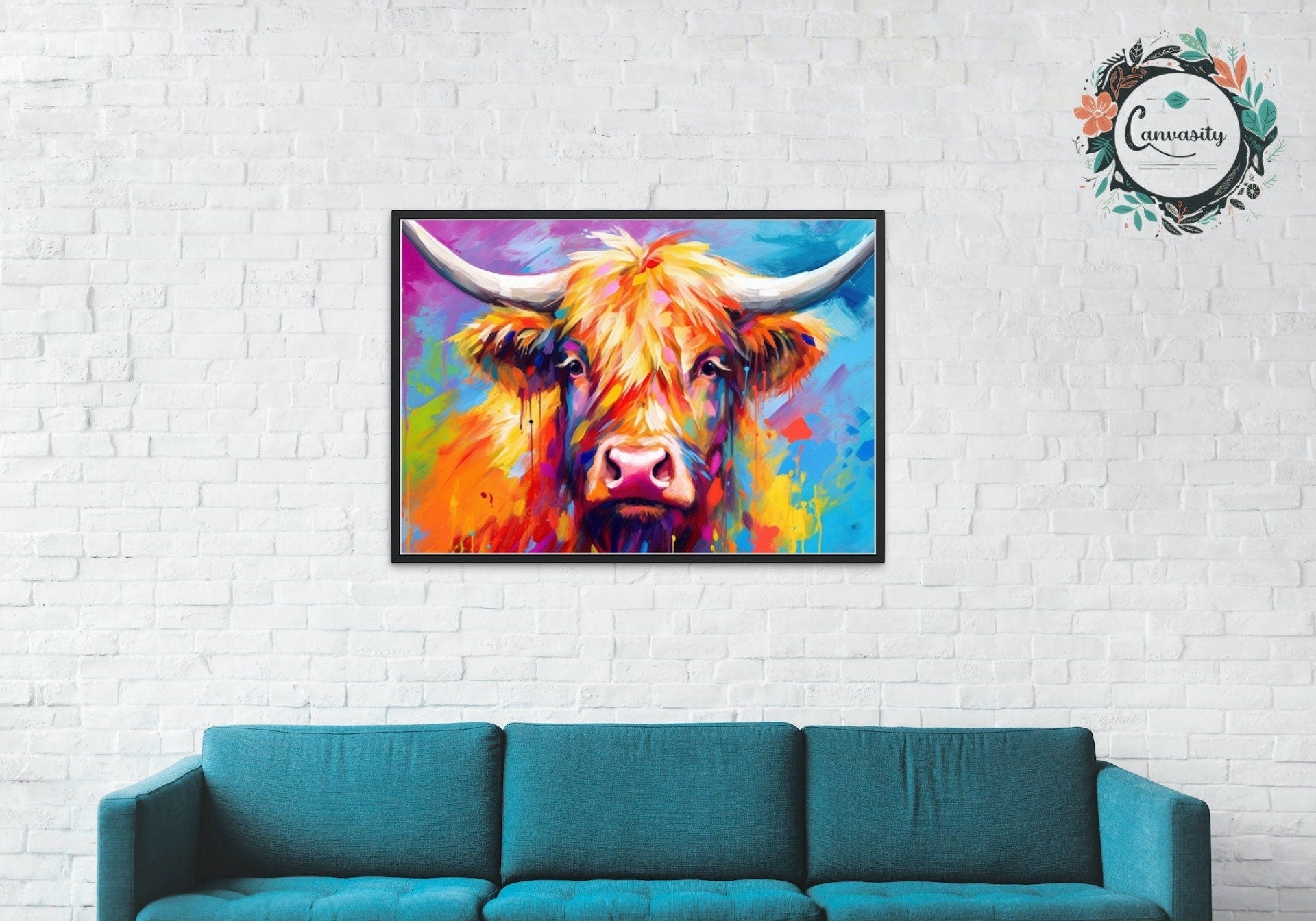 Shaggy Highland Cow Poster. Rainbow Animal Wall Art Floral Print. Gift for cow lover farmer mom. Nursery Print, Bedroom Bathroom Office Art - Posters - Colourful wall art by Canvasity Crafts