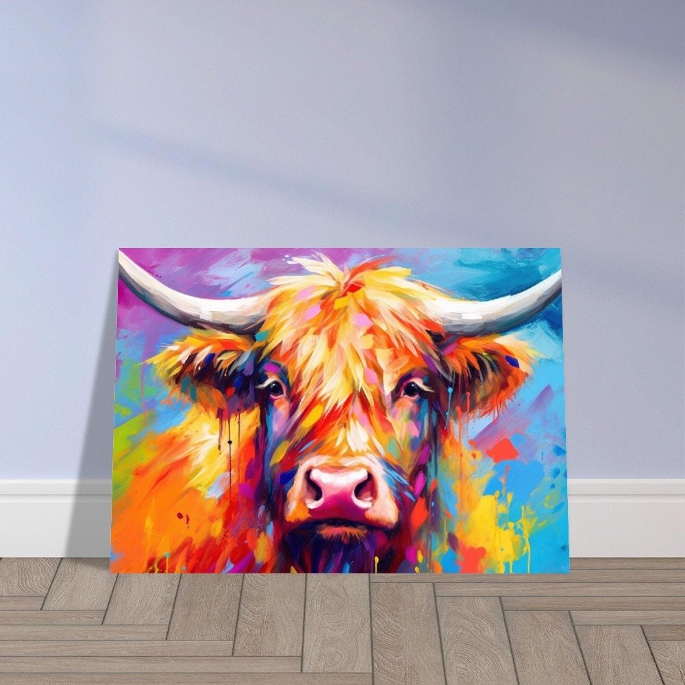 Shaggy Highland Cow Poster. Rainbow Animal Wall Art Floral Print. Gift for cow lover farmer mom. Nursery Print, Bedroom Bathroom Office Art - Posters - Colourful wall art by Canvasity Crafts