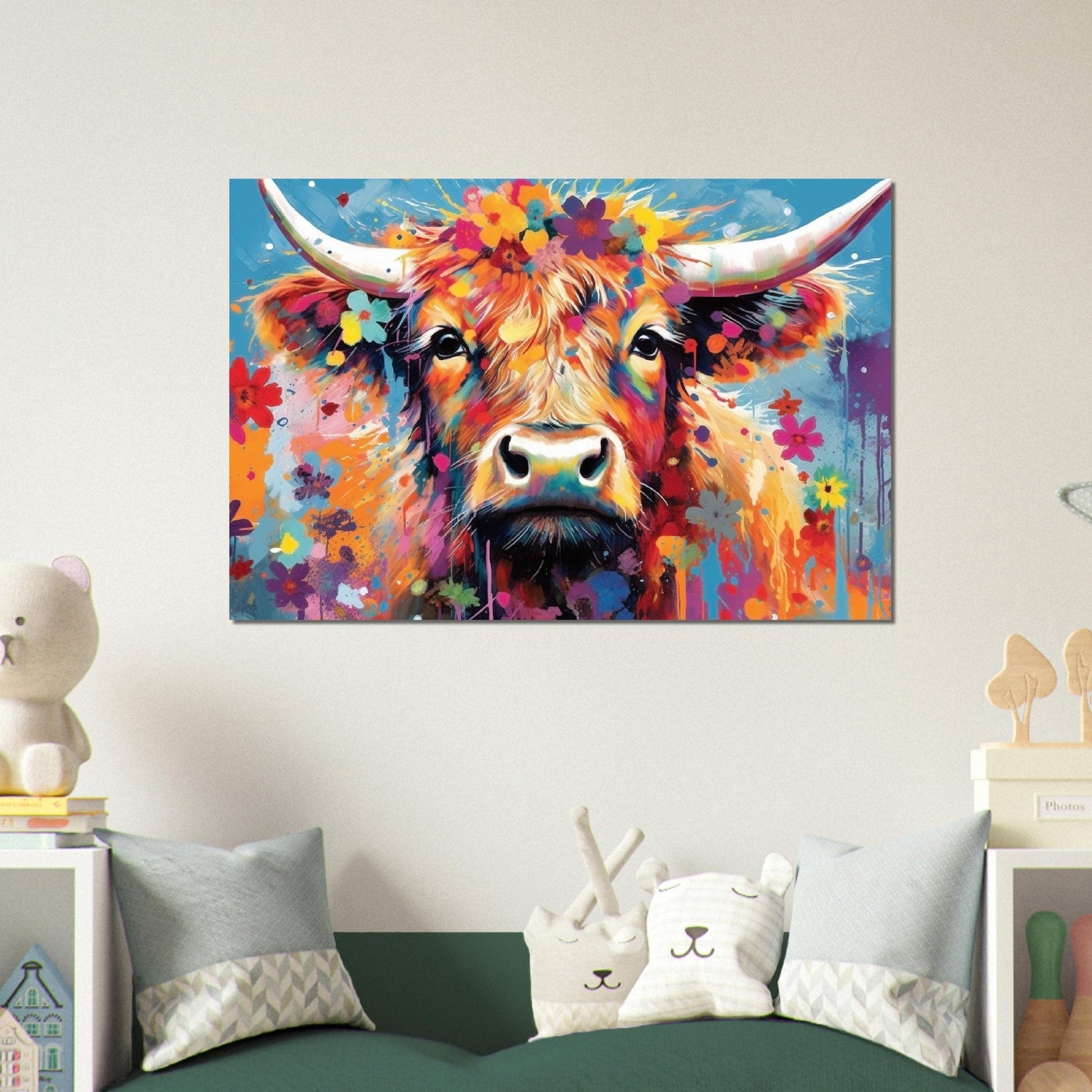 Shaggy Highland Cow Poster. Rainbow Animal Wall Art Floral Print. Gift for cow lover farmer mom. Nursery Print, Bedroom Bathroom Office Art - Posters - Colourful wall art by Canvasity Crafts