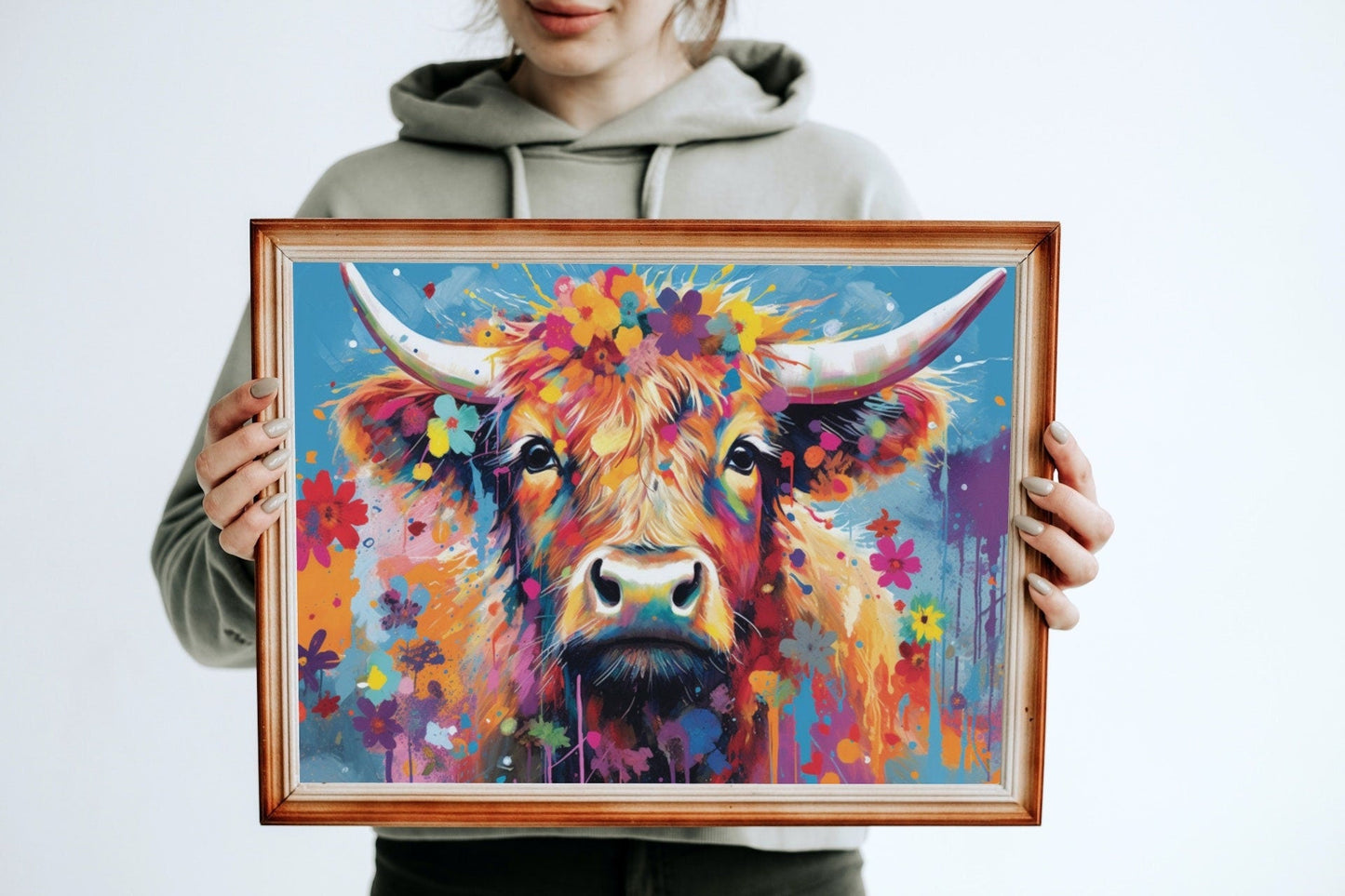 Shaggy Highland Cow Poster. Rainbow Animal Wall Art Floral Print. Gift for cow lover farmer mom. Nursery Print, Bedroom Bathroom Office Art - Posters - Colourful wall art by Canvasity Crafts