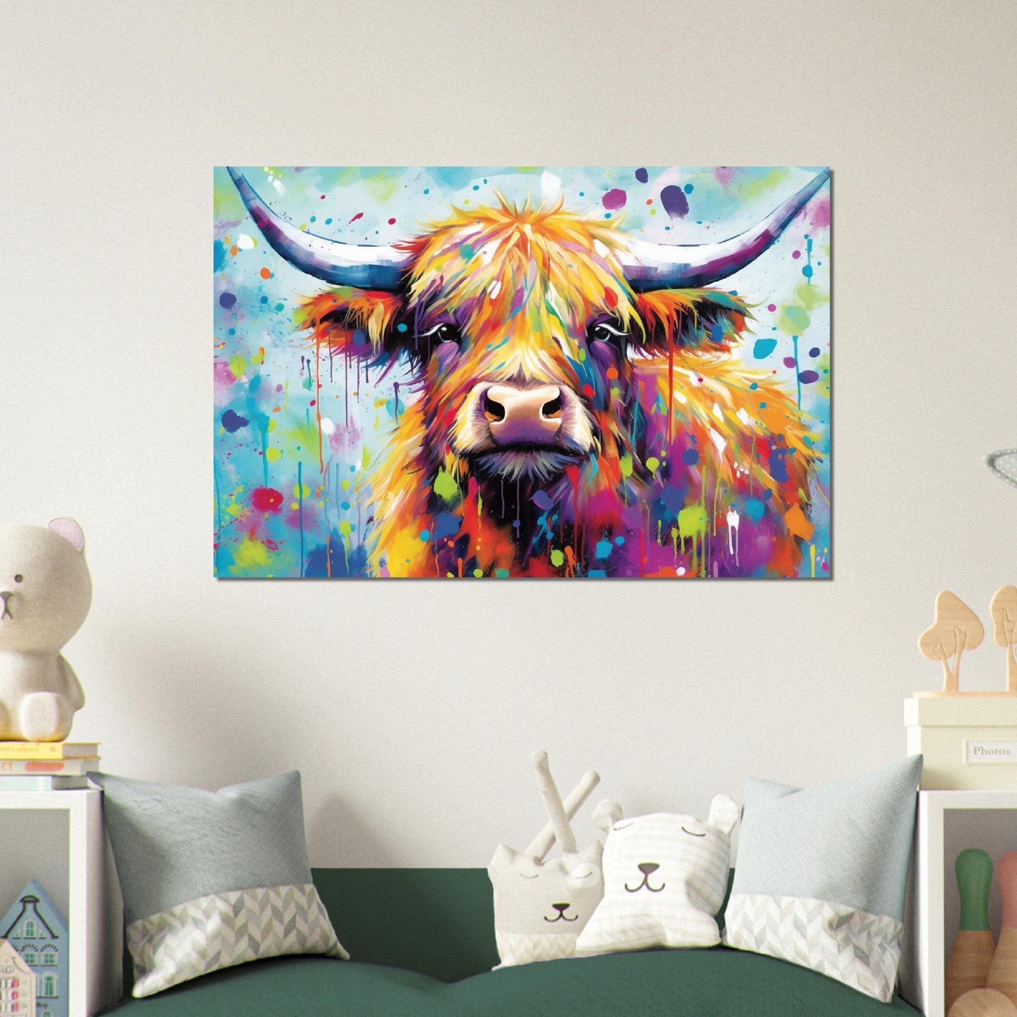 Shaggy Highland Cow Poster. Rainbow Animal Wall Art Floral Print. Gift for cow lover farmer mom. Nursery Print, Bedroom Bathroom Office Art - Posters - Colourful wall art by Canvasity Crafts