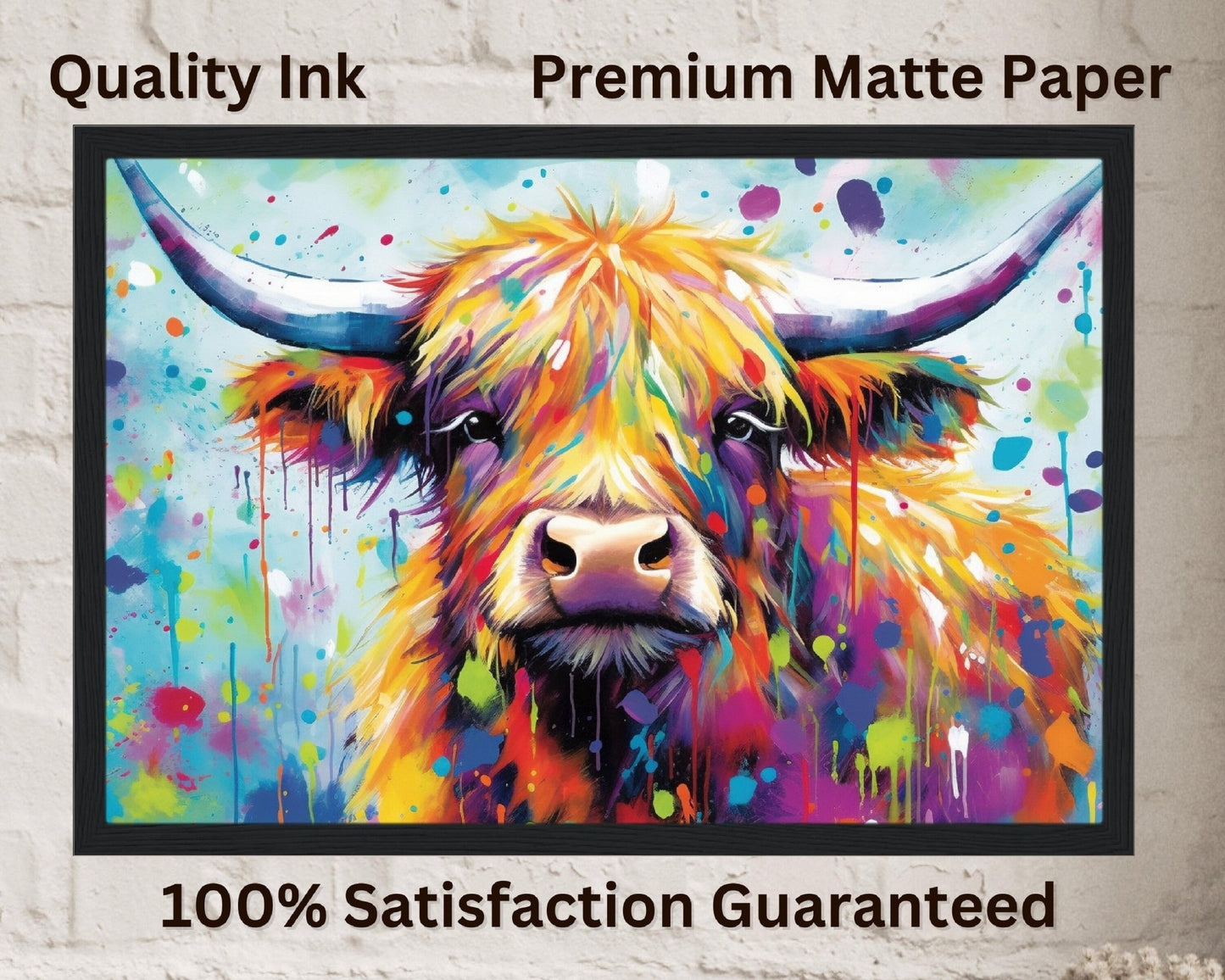 Shaggy Highland Cow Poster. Rainbow Animal Wall Art Floral Print. Gift for cow lover farmer mom. Nursery Print, Bedroom Bathroom Office Art - Posters - Colourful wall art by Canvasity Crafts