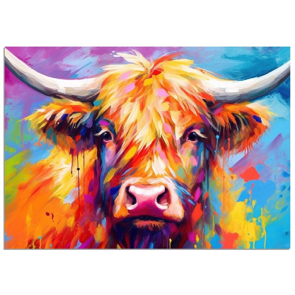 Shaggy Highland Cow Poster. Rainbow Animal Wall Art Floral Print. Gift for cow lover farmer mom. Nursery Print, Bedroom Bathroom Office Art - Posters - Colourful wall art by Canvasity Crafts