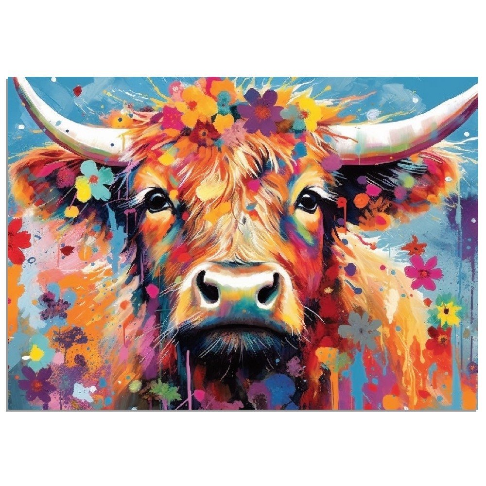 Shaggy Highland Cow Poster. Rainbow Animal Wall Art Floral Print. Gift for cow lover farmer mom. Nursery Print, Bedroom Bathroom Office Art - Posters - Colourful wall art by Canvasity Crafts