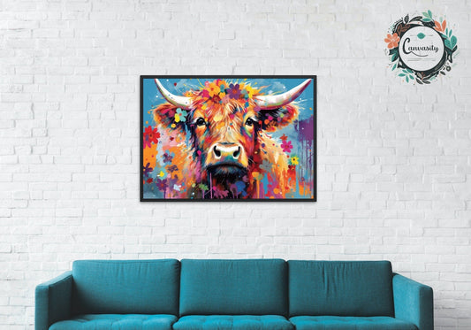 Shaggy Highland Cow Poster. Rainbow Animal Wall Art Floral Print. Gift for cow lover farmer mom. Nursery Print, Bedroom Bathroom Office Art - Posters - Colourful wall art by Canvasity Crafts