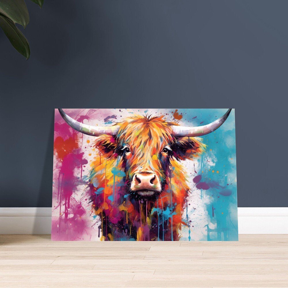 Shaggy Highland Cow Poster. Rainbow Animal Wall Art Floral Print. Gift for cow lover farmer mom. Nursery Print, Bedroom Bathroom Office Art - Posters - Colourful wall art by Canvasity Crafts