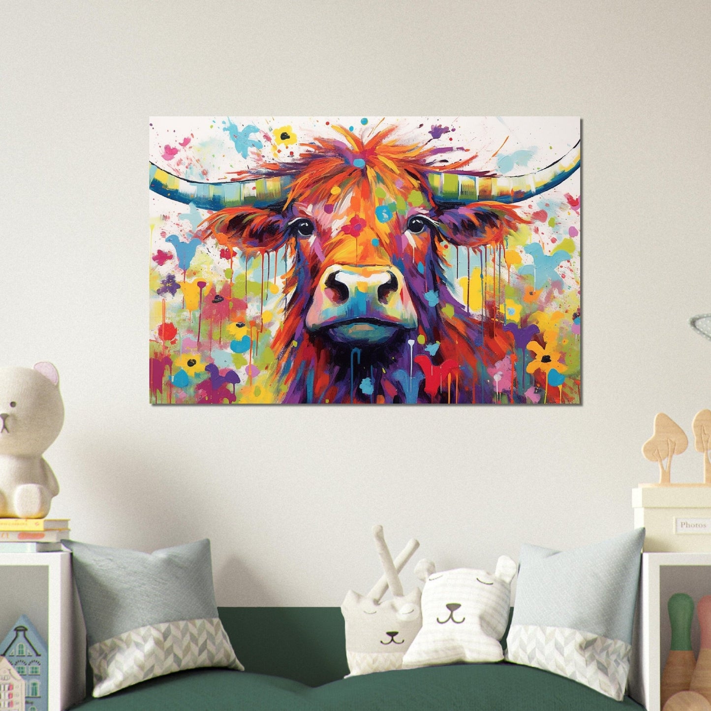 Shaggy Highland Cow Print. Rainbow Animal Wall Art Floral Poster. Gift for cow lover farmer mom. Nursery Home Bedroom Bathroom Office Art - Posters - Colourful wall art by Canvasity Crafts