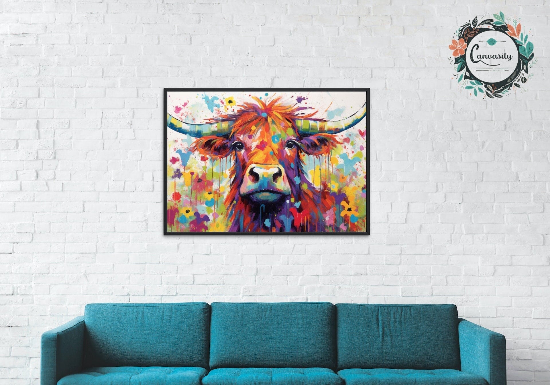 Shaggy Highland Cow Print. Rainbow Animal Wall Art Floral Poster. Gift for cow lover farmer mom. Nursery Home Bedroom Bathroom Office Art - Posters - Colourful wall art by Canvasity Crafts