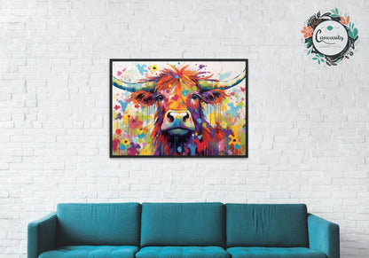 Shaggy Highland Cow Print. Rainbow Animal Wall Art Floral Poster. Gift for cow lover farmer mom. Nursery Home Bedroom Bathroom Office Art - Posters - Colourful wall art by Canvasity Crafts