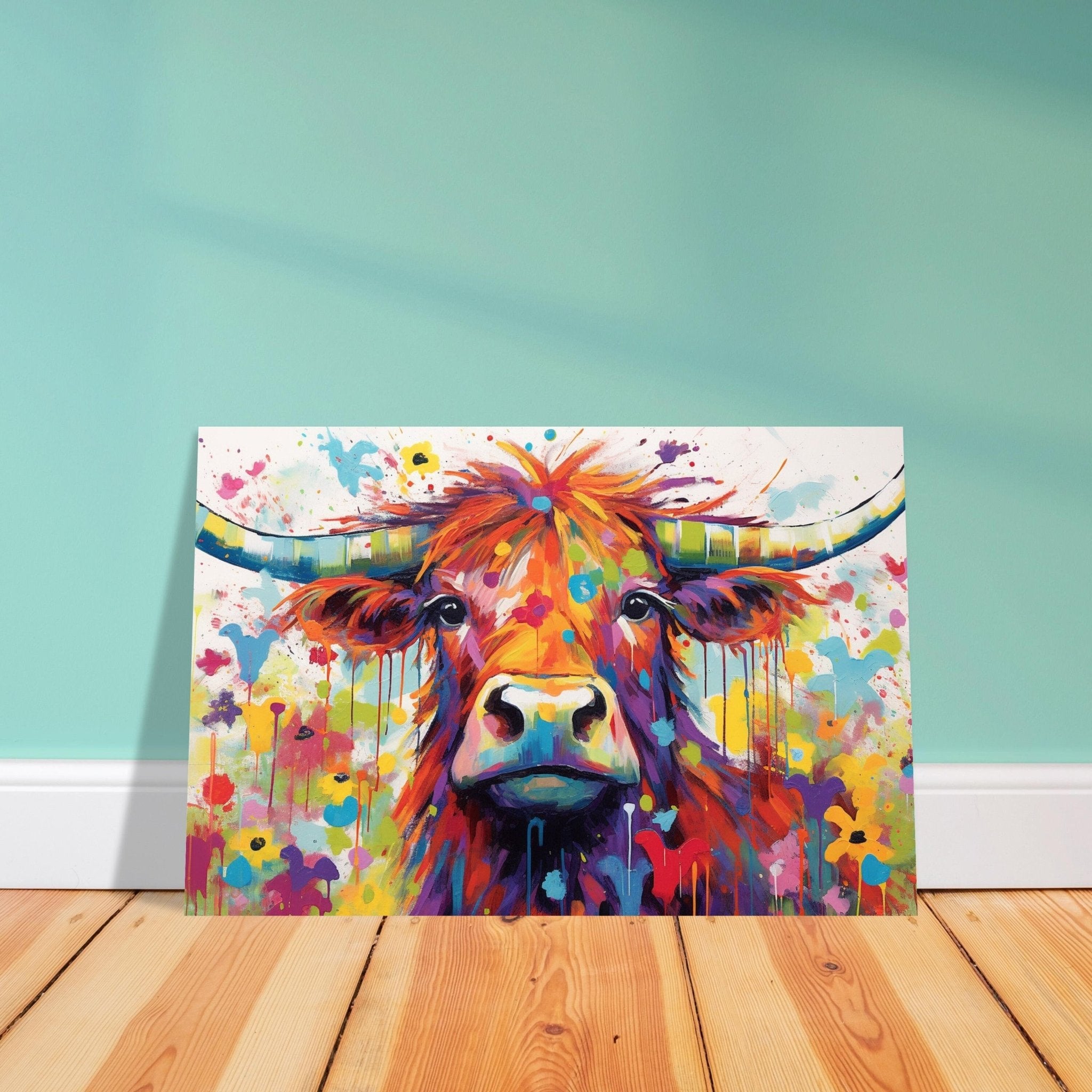 Shaggy Highland Cow Print. Rainbow Animal Wall Art Floral Poster. Gift for cow lover farmer mom. Nursery Home Bedroom Bathroom Office Art - Posters - Colourful wall art by Canvasity Crafts