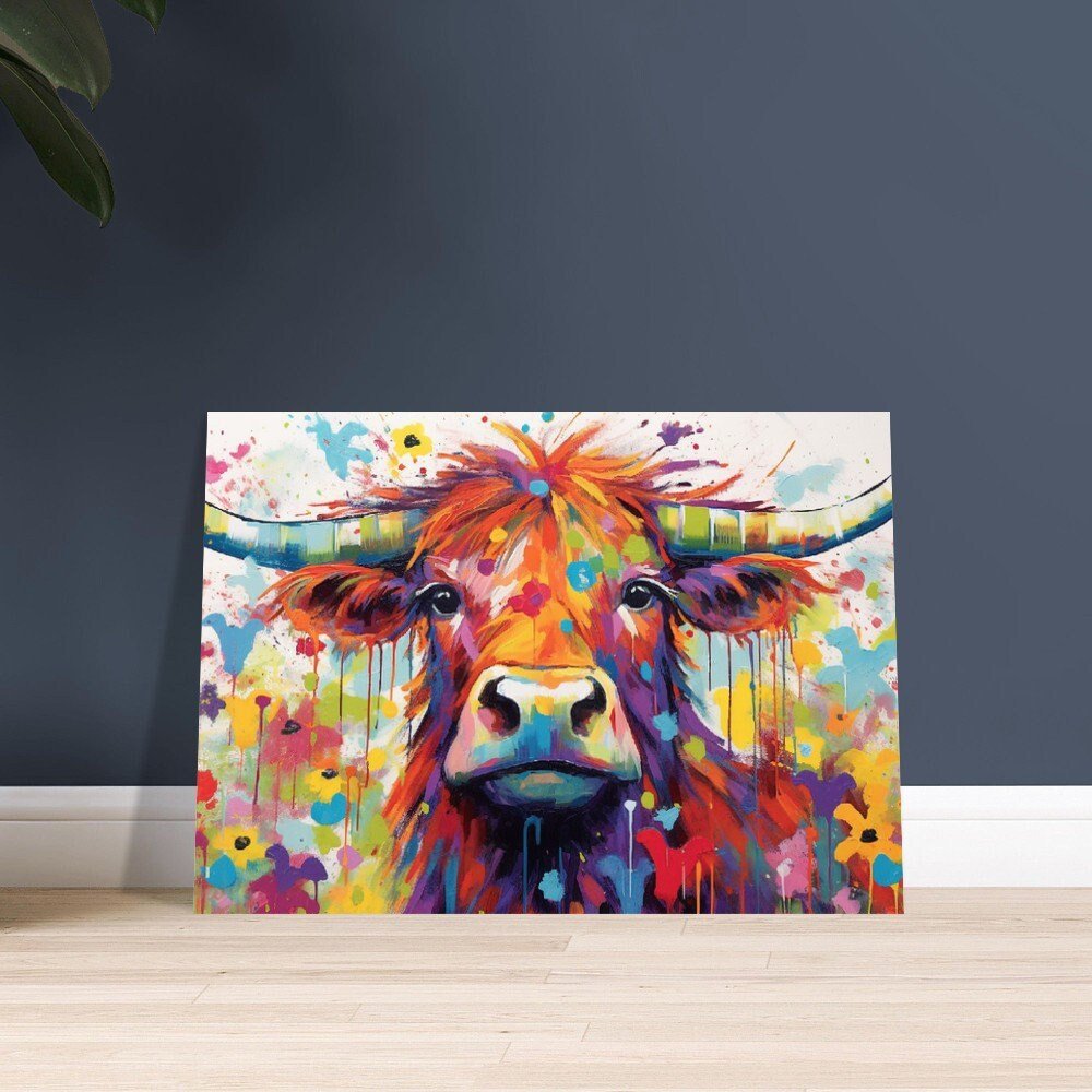 Shaggy Highland Cow Print. Rainbow Animal Wall Art Floral Poster. Gift for cow lover farmer mom. Nursery Home Bedroom Bathroom Office Art - Posters - Colourful wall art by Canvasity Crafts