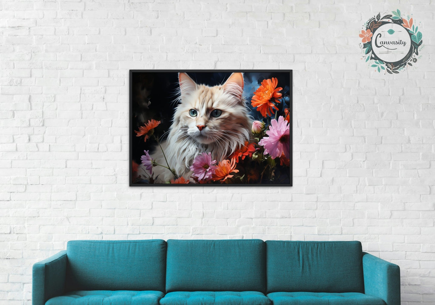 Snowy White Cat with Flowers - Unframed Print - Matte Paper - Colourful wall art by Canvasity Crafts